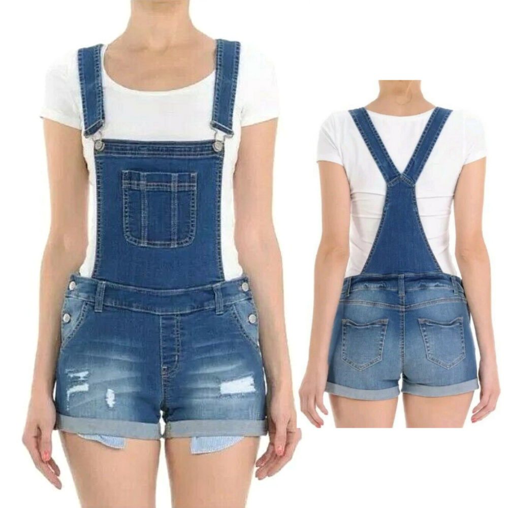 NEW Wax Jean Medium Wash Distressed Short Overalls